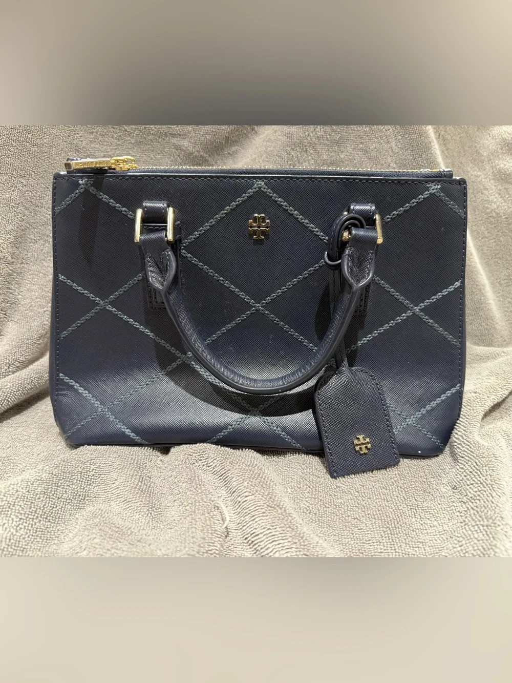 Tory Burch Quilted Navy Mini Satchel with Gold Hardware